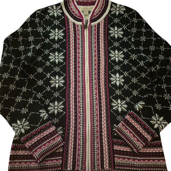Appleseed's Sweaters - Appleseeds Nordic Snowflake Zip-Up Sweater Black Pink Knit Winter Cardigan